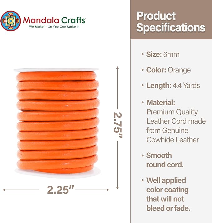 Mandala Crafts Round Genuine Orange Leather Cord for Jewelry Making – 6mm Cowhide Leather Rope String Lace for Kumihimo – 4.4 Yards Cowhide Craft Cording Spool