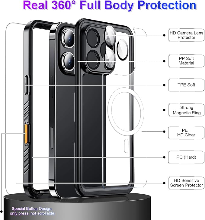 Temdan Compatible with iPhone 16 Pro Case Waterproof, Compatible with MagSafe Built-in Screen & Camera Protector IP68 Underwater Full Body 16FT Military Dropproof Shockproof Phone Case 6.3"-Black