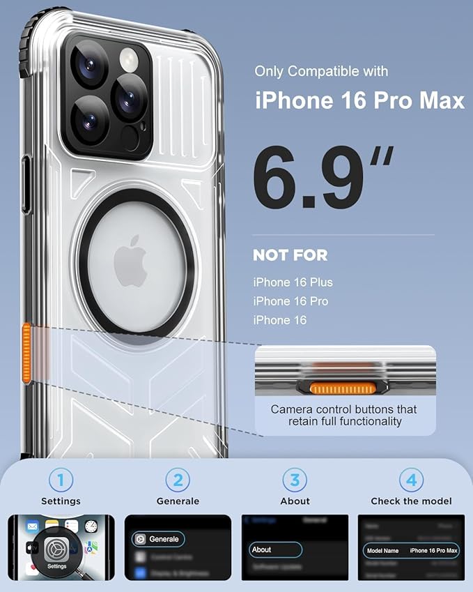 for iPhone 16 Pro Max Waterproof Case with Magsafe, Built-in [Camera & Screen Protector] [Lanyard], IP68 Water Proof Full Body Dustproof Heavy Duty Frosted Protective Phone Cover, 6.9" Black