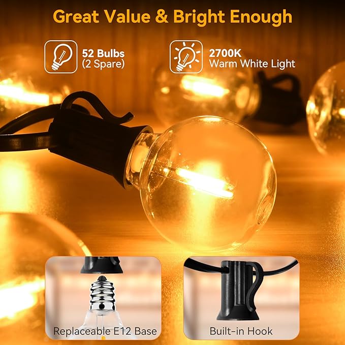 100ft Outdoor String Lights Waterproof/Connectable/Dimmable with 52 LED Shatterproof Bulbs,2-Pack 50ft UL Listed Globe G40 String Lights Outside Lighting for Patio Backyard Cafe Party Wedding Garden