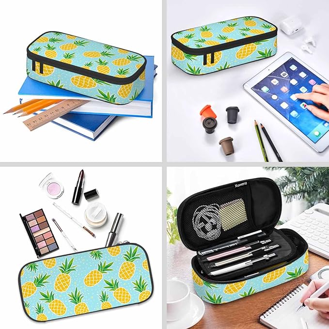 Pineapple Pencil Bag Tropical Fruit Exotic White Polka Dots Yellow Blue Big Capacity Pencil Case Pencil Pouch Pen Bag School Students Boy Girl