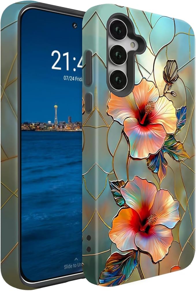 Compatible for Samsung Galaxy A37 5G Case, Dual Layer Heavy Duty 2 in 1 Shockproof Protective Phone Case,Stained Glass Floral Hibiscus