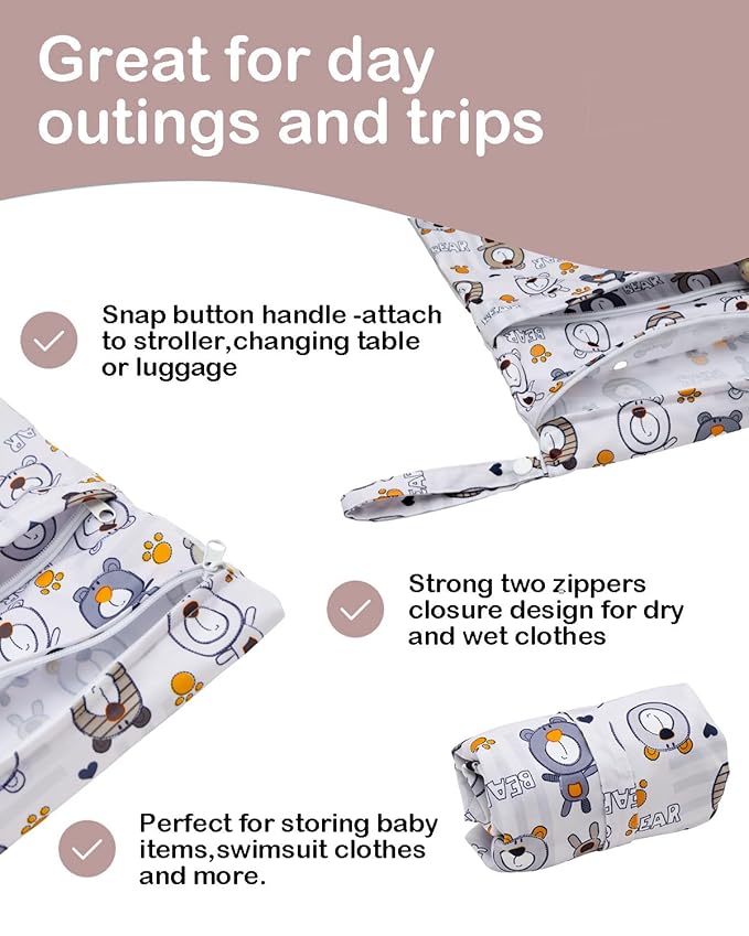 ALVA ALVABABY 3pcs Cloth Diaper Wet Dry Bags Waterproof Reusable with Two Zippered Pockets Travel Beach Pool Daycare Soiled Baby Items Yoga Gym Bag for Swimsuits or Wet Clothes 3L-SML11