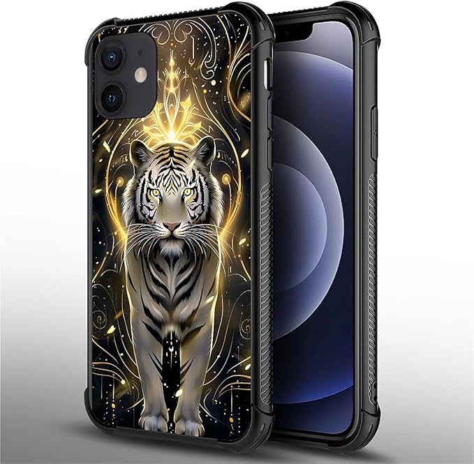 for iPhone 12/12 Pro Case, White Tiger Golden Mystery Pattern Graphic Design Girl Boy Soft Silicone Hard Acrylic Shock Protection for iPhone 12/12 Pro