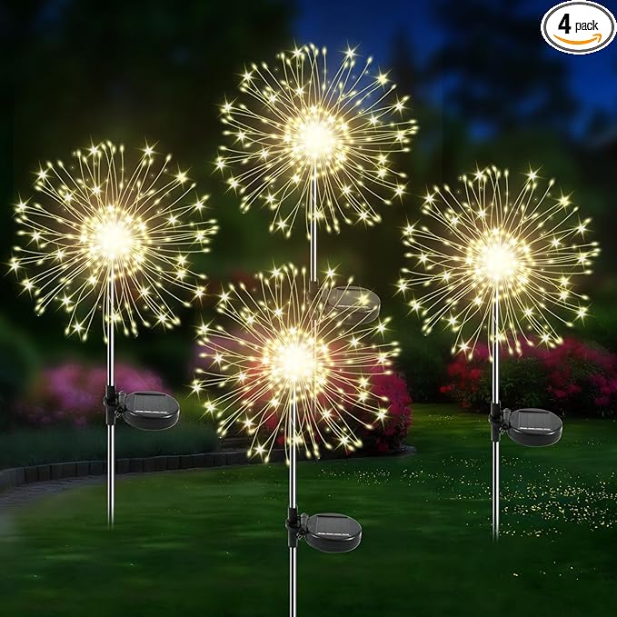 Solar Garden Lights Outdoor, 4 Pack 120 LED Twinkling Firework Lights Decorative with 2 Modes, Outdoor Waterproof Solar Starburst Light for Yard Pathway Planter Patio Decor, Warm White