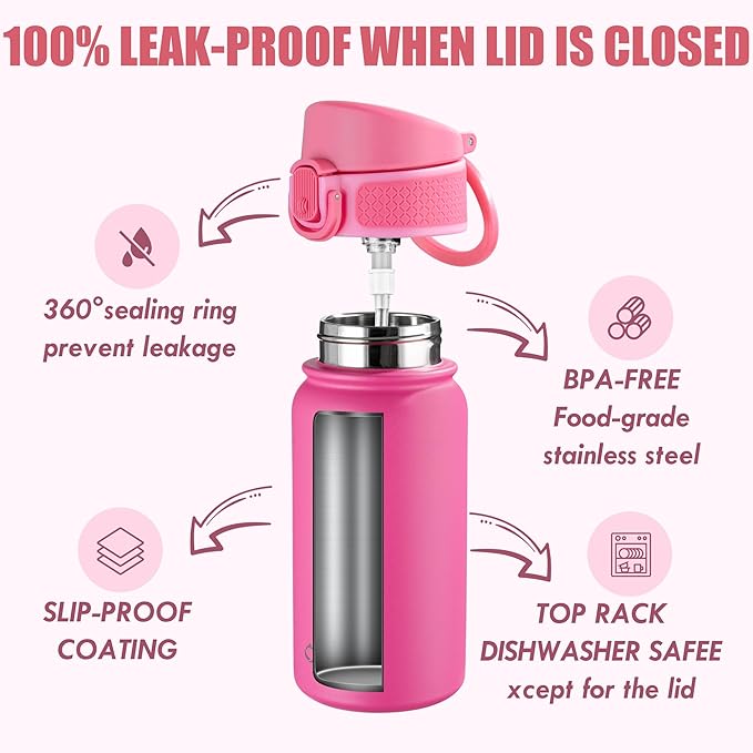 OLDLEY 12oz kids Water Bottle, Stainless Steel Insulated Water Bottle For Kids, With Straws Leak-proof, Kids Water Bottles For School Boys Girls,Pink
