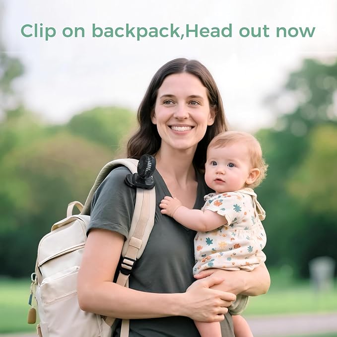 Momcozy Portable Stroller Fan with Clip | 4-Speed Mini-Fan for Carrier | Personal Fans Ultra Light 0.26lb | Gaps ≤4.5mm | Handheld Cooling | Rechargeable Rotate for Diaper Backpack/Table/Chair