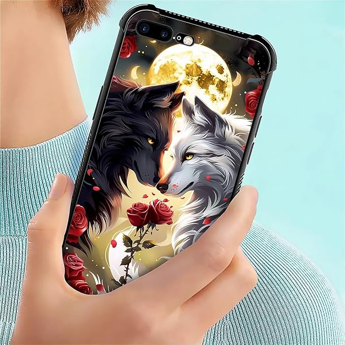 for iPhone 7/8 Case, Black White Wolf Moon Flower Rose Pattern Made of Soft Silicone Hard Acrylic Shock Protection for iPhone 7/8