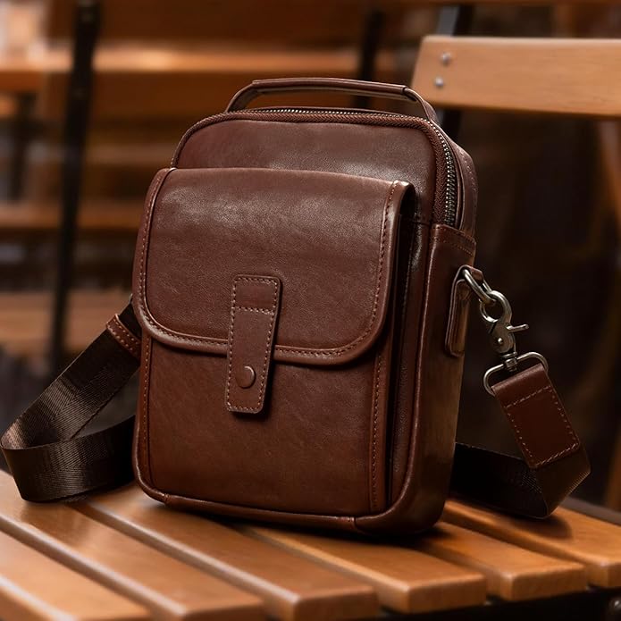 Augus Leather Small Messenger Bag For Men Crossbody Handbag Shoulder Sling Travel Bags for Men Purse Daypack Magnetic Buckle