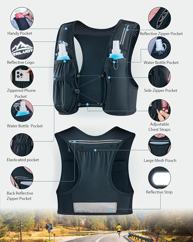 Zelvot Running Vest for Women Men, USA Original Patent, Adjustable Chest Straps Running Hydration Vest with 500ml Soft Flask, Lightweight Reflective Hydration Backpack for Marathon