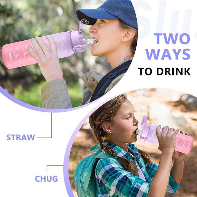 SLUXKE Stainless Steel Insulated Water Bottle 32oz with Handle, 1L Double Wall Insulated Bottle with Time Marker BPA Free, 1000ml Metal Water Flask for Outdoor Working School PURPLE PINK
