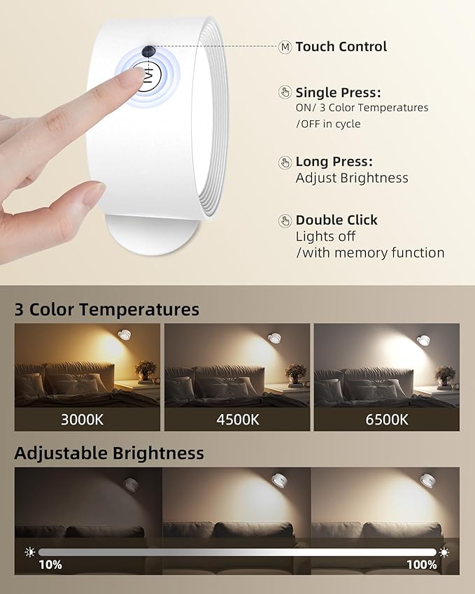 LED Wall Mounted Lights, Rechargeable Wall Sconces Lamp, 3 Color Temps & Remote and Touch, 360° Rotation Dimmable Cordless Wall Light for Study Bedroom Reading Bedside(White, 2 Pack)