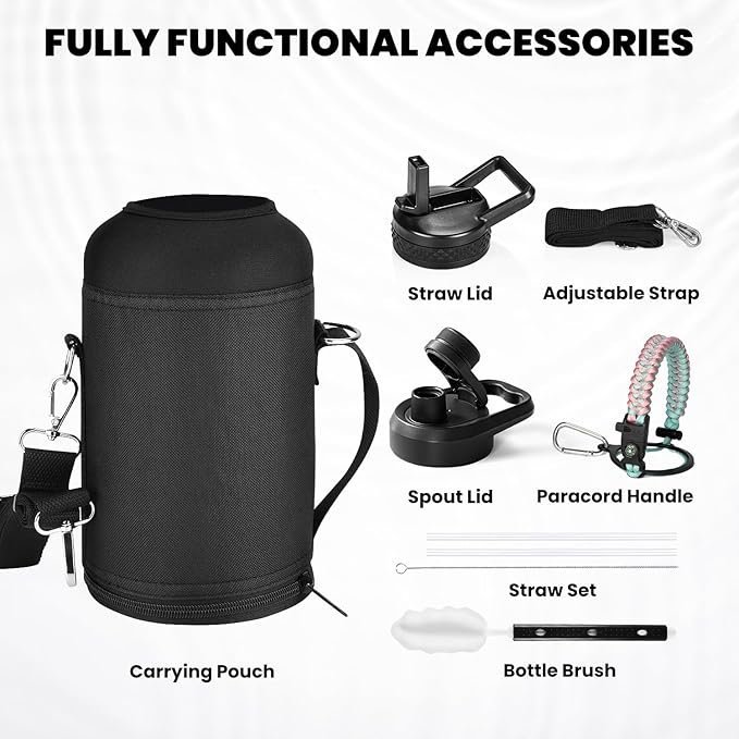 RAYMYLO Insulated Water Bottle 64 oz, Triple Wall Vacuum Stainless Steel (Cold for 48 Hrs), Leak Proof & Non-BPA, Half Gallon Water Flask Jug with Paracord Handle & Straw Spout Lids, Hydrangea