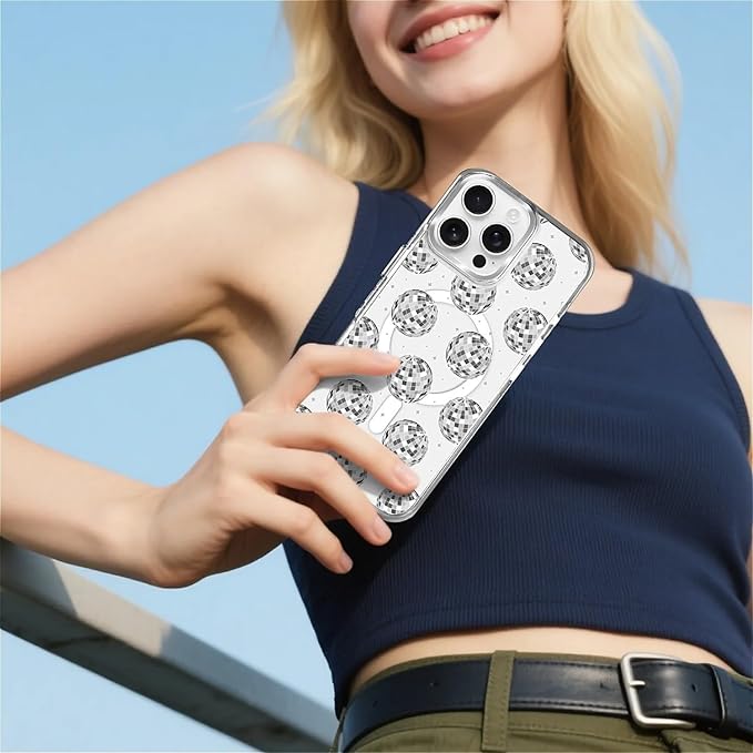 Case for iPhone 16 Pro Max,[Compatible with MagSafe],Disco Ball Grayish White Phone Case Design，for Women Girls Magnetic Clear Cover - Slim, Sleek, & Shockproof Protection