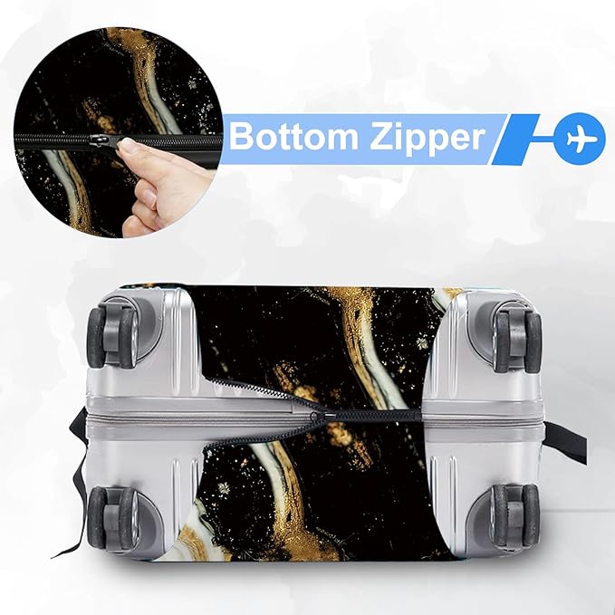 ANNA QUEEN Black White Gold Marble Luggage Cover- Stretchable, Water Resistant & Durable Suitcase Protector, Universal Washable Fit for 32-34 Inch Checked Baggage