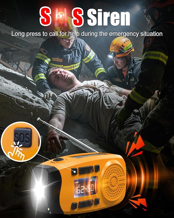 Runningsnail Emergency Weather Radio, 7400mWh Hand Crank Emergency Radio with LCD Display, Support Weather Alert Radio, USB/Solar/Hand Crank,1W Flashlight&SOS Alarm for Outdoor&Home Emergency (Orange)