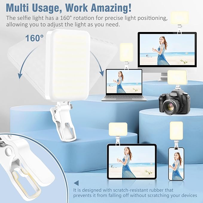ALTSON 60 LED Portable Selfie Light Video Conference Lighting with Clip & Camera Tripod Adapter Rechargeable 2200mAh CRI 97+, 9 Light Modes for Phone iPhone Webcam Laptop Photo Makeup