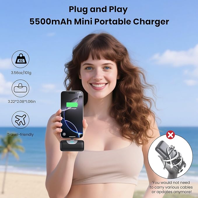 [2 Packs]Mini Portable Charger for iPhone 17/16,5500mAh LCD Display USB C Power Bank,Fast Phone Charging Travel Pocket Size Battery Pack for iPhone 17/17 Pro Max/Air/16/15 Series,Android(Black+Black)