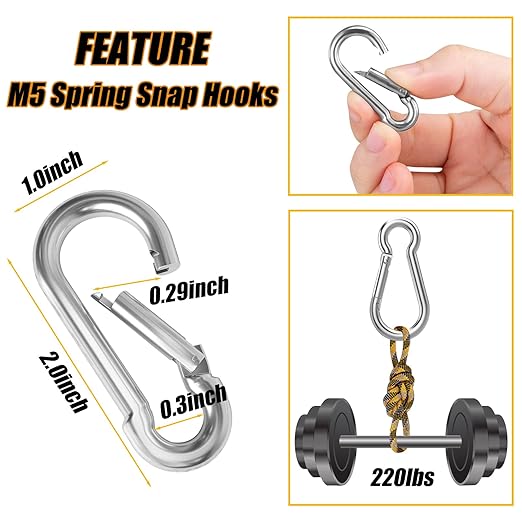 200PCS Spring Snap Hook Carabiner, 3/16" Galvanized Steel Snap Clip Hook, 2" Heavy Duty Quick Link Clip Keychain, 220LBS Holding Capacity Carabiner Clip for Camping Gym Outdoor, Door Leash & Harness