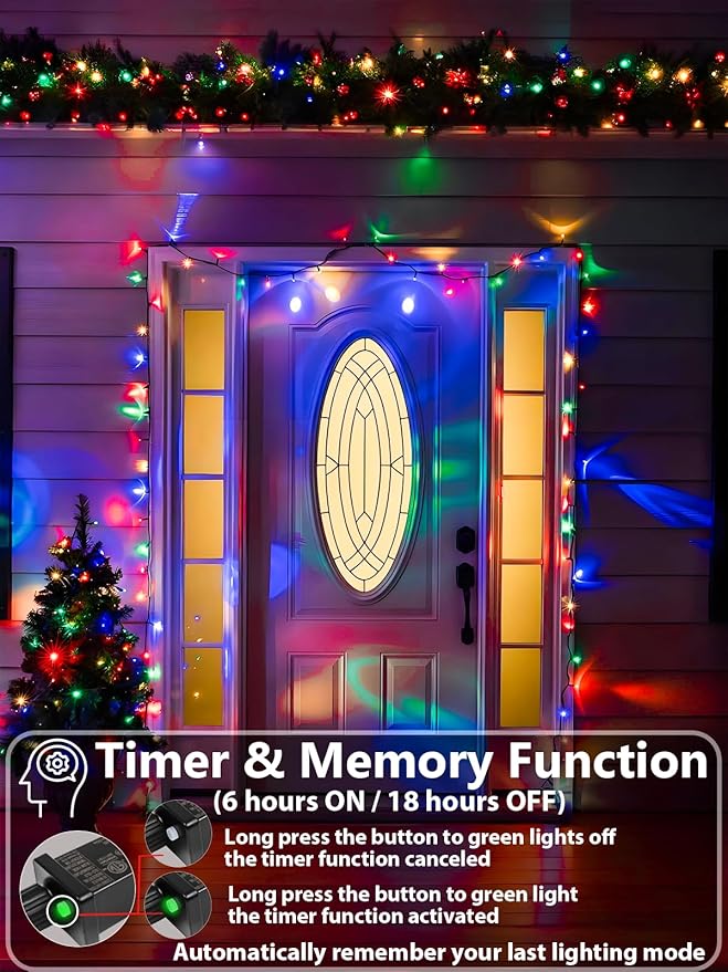 Upgraded 99FT 300 LED Multicolor Christmas String Lights Outdoor & Indoor, Memory Function & Timer & 8 Modes, Twinkle Lights Green Wire Waterproof for Xmas Tree Holiday Party Garden Decor (Multicolor)