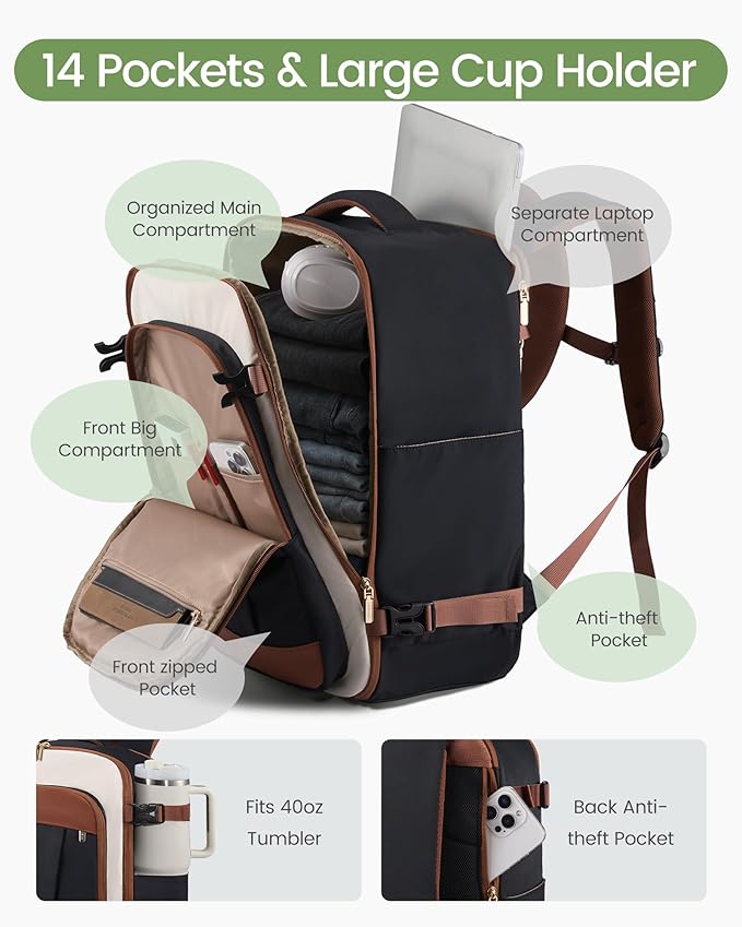 LOVEVOOK 50L Travel Backpack for Women & Men, Airline Approved Carry On Backpack, TSA Personal Item Bag fits 18.0 Inch Laptop, Waterproof Weekender Overnight Bags Suitcase for Work, Black