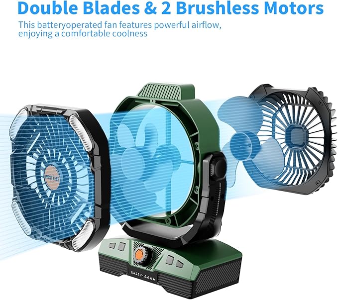 WESTTREE Camping Fan 20000mAh Rechargeable Battery Operated fan Outdoor Tent Fan with Light & Hook, knob Speeds, Personal USB Desk Fan for Camping, Power Outage Jobsite Green X68