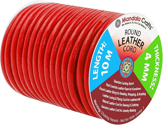 Mandala Crafts Round Cowhide Genuine Red Leather Cord for Jewelry Making Kumihimo Leather Rope Spool - Red 11 Yds 4mm Cording