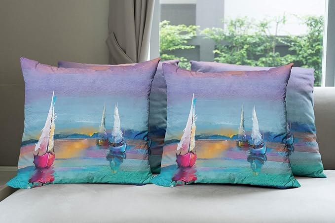 Ambesonne Abstract Oil Painting Decorative Throw Pillow Case Pack of 4, Modern Art with Boat Sail on The Sea Illustration of Nautical Motifs, Cushion Cover for Couch Living Room Car, 16", Purple Teal