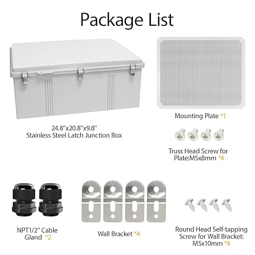 LeMotech Electrical Box, IP67 Waterproof Hinged Cover Stainless Steel Latch Junction Box, ABS Plastic Electrical Enclosure with Mounting Plate,Wall Brackets, Cable Glands,24.8"x20.8"x9.8",Grey