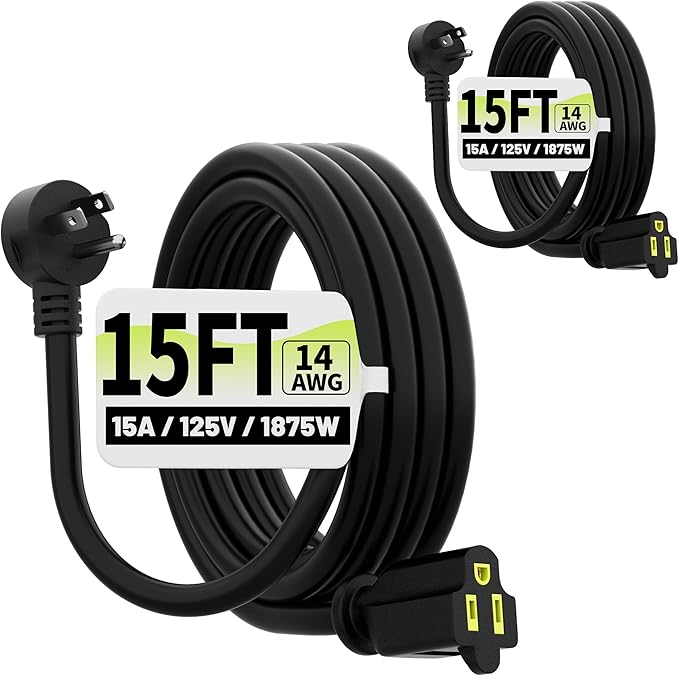Vockjour 15 FT 2 Pack Black Low Profile Flat Plug 14 Gauge Heavy Duty Extension Cord, 14AWG 3-Wire Grounded Appliance Extension Cord, 15A/125V/1875W SJTW ETL Listed Power Cord