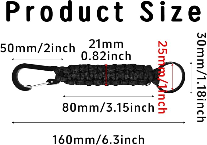 3PCS Paracord Keychain with Carabiner Clip, Braided Rope Key Chain Lanyard, Heavy Duty Paracord Keychain Ring for Men Women Outdoor Camping Hiking Backpack Survival Gear, Black