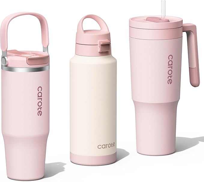 CAROTE 3-Pack Insulated Stainless Steel Water Bottles, Cup Holder Compatible for Travel, Upgraded Leak Proof, 32/32/40 oz Built-In Straw Tumblers Set for Daily Use/Outdoor (Peach)