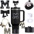 6pcs Black Stanley Cup Accessories Set, Bow Straw Topper for Stanley Cup 30oz 40oz, Including Straw Topper and Bow Silicone Boot, Stoppers Spill Proof, Handle Charm, Initials Sticker