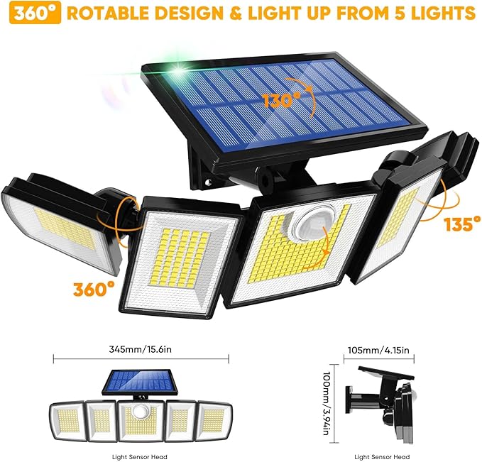 Solar Motion Lights Outdoor - With 16.4ft Cable, 3000LM Ultra-Bright LED Security Lights for Outside Dusk to Dawn, 2400mAh IP65 Waterproof Flood Lights with Remote for Court Yard Garage Front Door