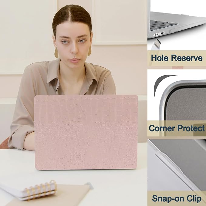Hard Case for New MacBook Air 13 inch M2 M3 M4 2022 2024 2025 Release (Model A3240 A3113 A2681),13.6" Leather Case Cover & Keyboard Cover for Laptop Air 13.6",Pink Crocodile Skin