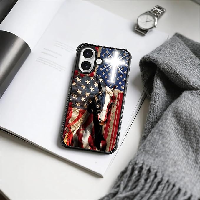 for iPhone 17 Case,for MagSafe Graphic Design for Girl Boy Soft Silicone Hard Acrylic Shock Protection Designed for iPhone 17 Red American Flag Horse Cross Pattern
