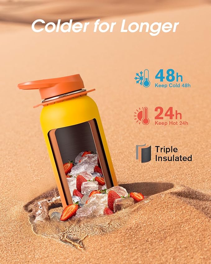 Coolflask Water Bottle with Straw, 40 oz Insulated Metal Water Flask with Straw & Spout Lids, Stainless Steel Double Wall Vacuum, Keep Cold 48h Hot 24h, Leak Proof, BPA-Free, Yellow/Orange