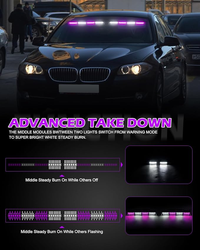 HLauto 604N Emergency Dash Strobe Lights: 2x16.8 inch Purple White Security Light w/Take Down, 48 LED Safety Flashing Warning Hazard Interior Windshield Light Bar for Truck Vehicle
