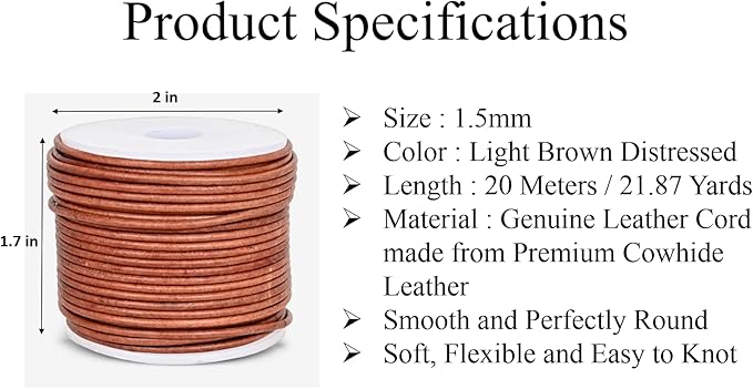 GENIQUE Real/Genuine Round Leather String Cord for Necklace, Bracelets, Jewelry, Kumihimo Braiding, DIY Projects (20 Metres) (1.5mm, Light Brown Distressed)