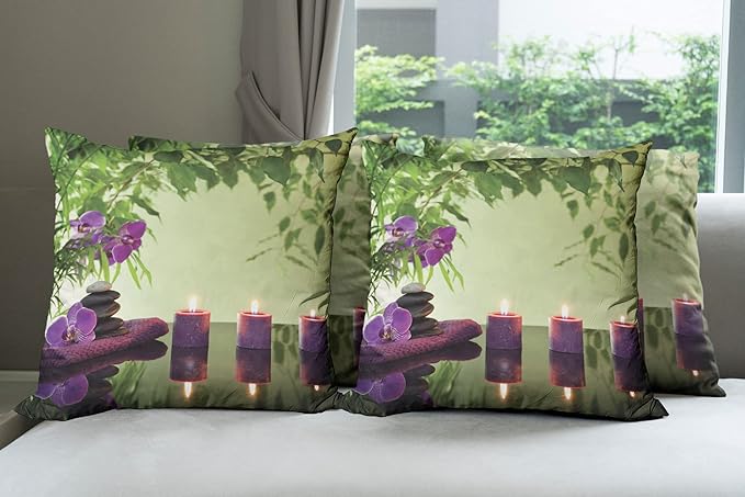 Ambesonne Spa Throw Pillow Cushion Case Pack of 4, Stones Aromatic Candles and Orchids Blooms Treatment Vacation, Modern Accent Double-Sided Digital Printing, 24", Green Purple