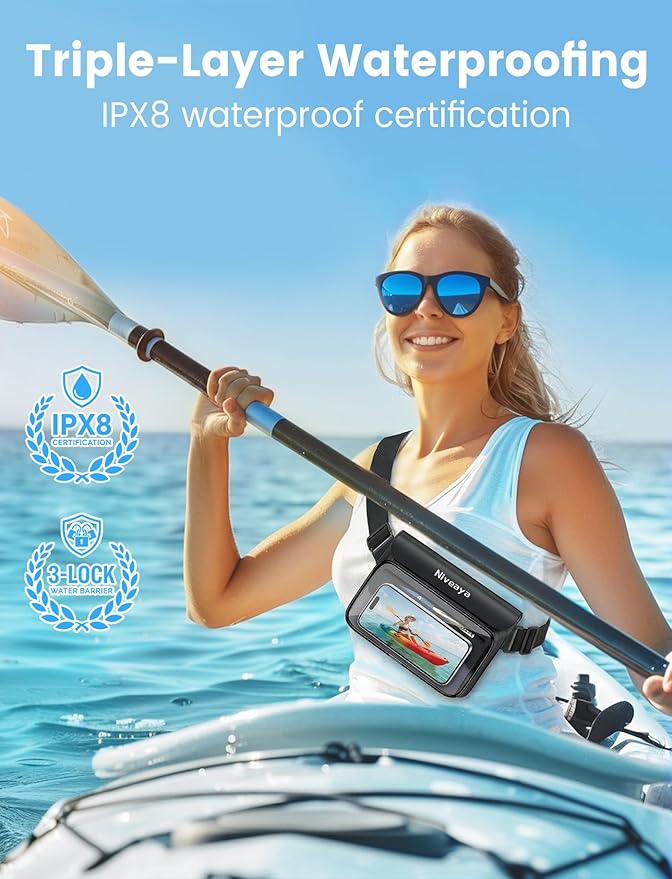 Niveaya IPX8 Waterproof Fanny Pack for Men Women, Large Capacity Touch Screen Dry Bag for Kayaking, Paddle Boarding, Waterpark & Swimming Essentials, Adjustable Waist Strap Pouch for Cell Phone