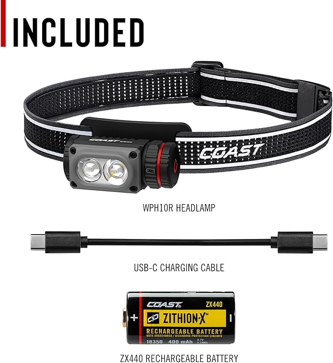 Coast WPH10R 1000 Lumen Rechargeable LED Headlamp with Magnetic Tailcap and Red Light Mode, Lightweight, IP67 Waterproof