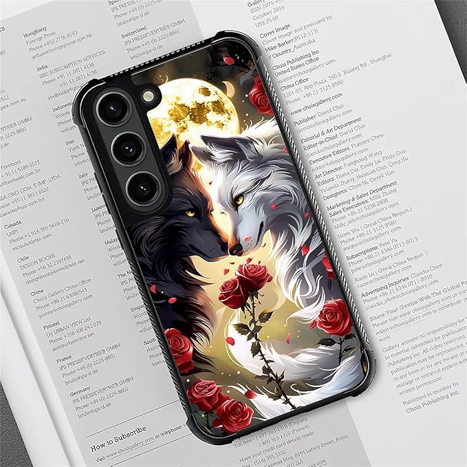 for Samsung Galaxy S23 Plus Case, Black White Wolf Moon Flower Rose Pattern Graphic Design Girl Boy Soft Silicone Hard Acrylic Shock Protection for Samsung Galaxy S23 Plus