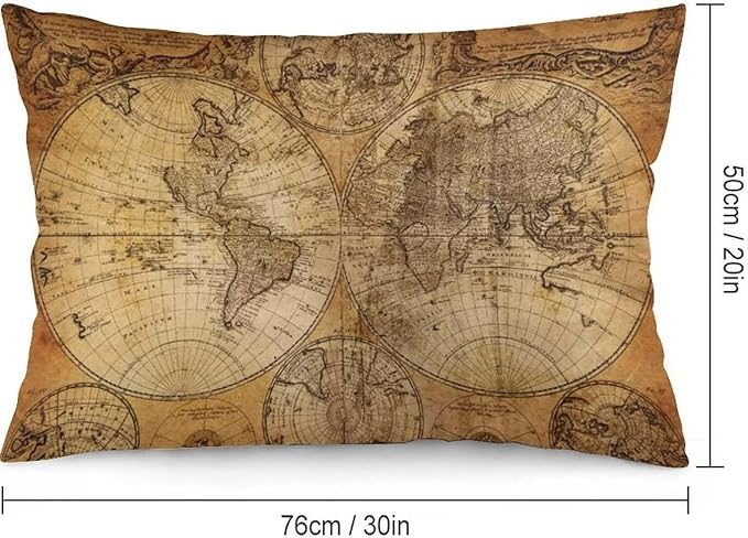 Vintage World Map Throw Pillow Covers Set of 2 Queen Size Old Paper Nostalgic Historical Pillow Cushion Cases Retro Style Standard Pillow Cases Decorative Pillowcase 20X30 Inch for Sofa Bed