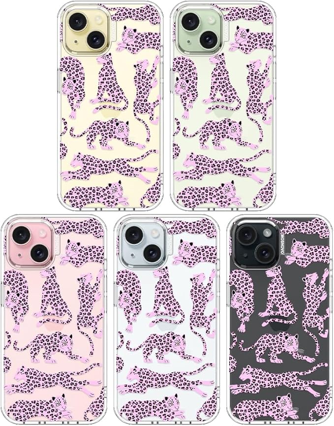 MOSNOVO Case for iPhone 15, [Buffertech 6.6ft Military-Grade Drop Protection] [Anti Peel Off Tech] Clear TPU Bumper Phone Case Cover Design - Pink Leopard