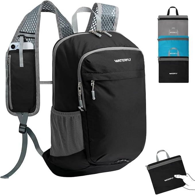 WATERFLY Packable Lightweight Small Backpack: 15L Foldable Mini Hiking Daypack - Ultralight Compact Day Pack for Women Men Outdoor Travel Camping Walking - Black