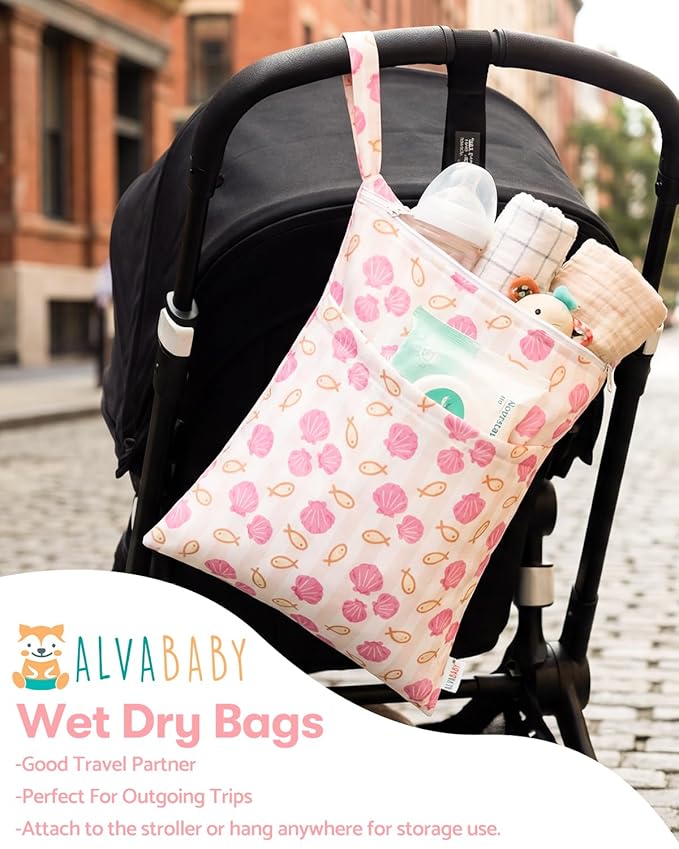 ALVA ALVABABY 2pcs Waterproof Wet Dry Bags,Reusable with Two Zippered Pockets,Baby Cloth Diaper,Travel,Beach,Pool,Daycare,Soiled Baby Items,Yoga Gym Bag,Swimsuits or Wet Clothes