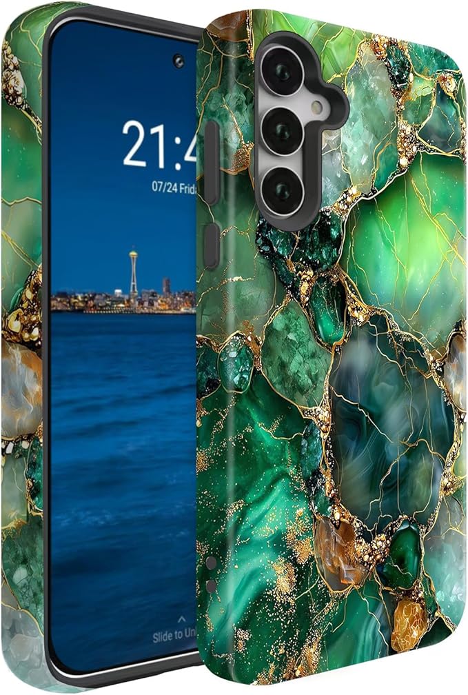 Compatible for Samsung Galaxy A37 5G Case, Dual Layer Heavy Duty 2 in 1 Shockproof Protective Phone Case,Green Onyx with Gold Veins Print