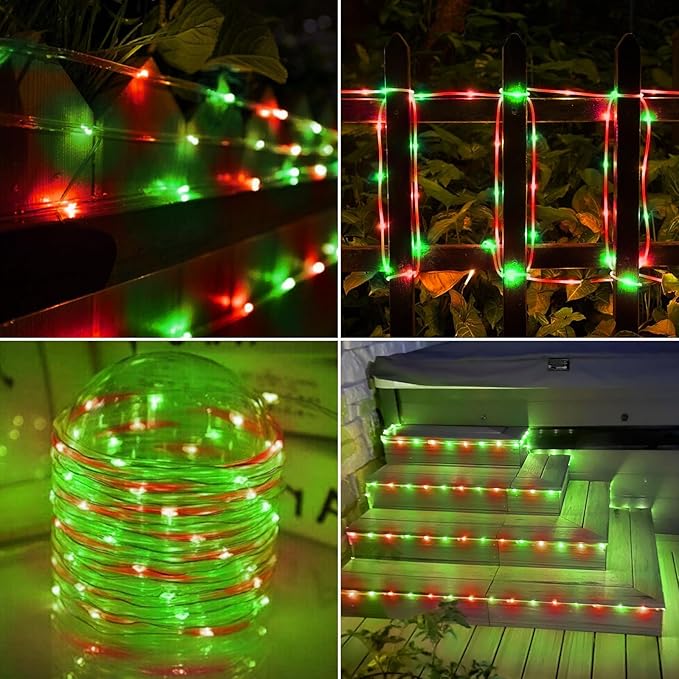 Solar Rope Lights, 33ft 100LED Solar String Lights, 8 Modes Waterproof Solar Powered Outdoor Light, Flexible Clear Tube Light for Garden Backyard Patio Deck Porch Pool Tree Christmas Decor- Red&Green