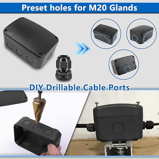 Weatherproof Junction Box,Nineleaf IP66 Waterproof Electrical Project Boxes PVC/ABS Plastic Enclosure Box CCTV Watertight 4.9 x 3.3 x 2.3 inch,Black,with 4PK 20mm Cable Gland